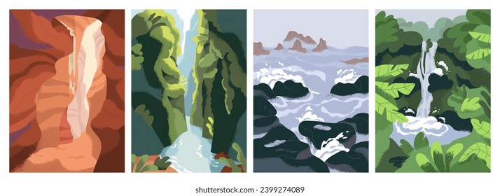 Calm nature cards. Peaceful landscapes backgrounds set. Travel posters with serene secluded wild environment, canyon, sea water and rocks, river, waterfall in green jungle. Flat vector illustrations