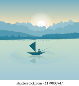 Calm nature. Morning landscape in the minimalist style. A man is fishing on a boat.