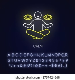 Calm neon light icon. Man sit in lotus pose. Meditation for mental health. Positive lifestyle. Outer glowing effect. Sign with alphabet, numbers and symbols. Vector isolated RGB color illustration