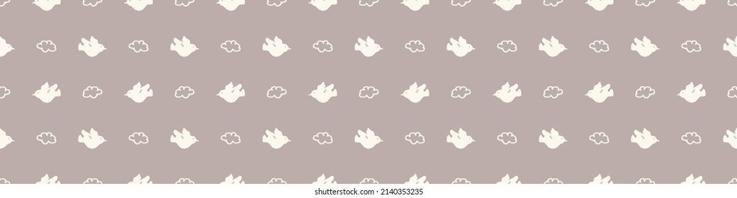 Calm newborn baby minimal bird seamless border pattern. Gender neutral scandi style sketch endless background ribbon tape. Trendy bordur edging. 