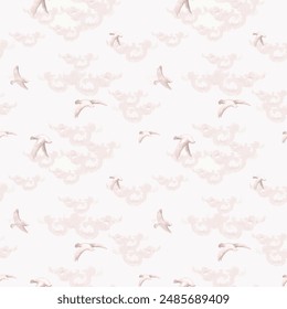 Calm newborn baby minimal bird seamless border pattern. Gender neutral scandi style sketch endless background ribbon tape