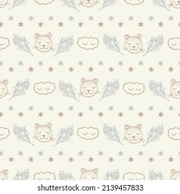 Calm newborn minimal animal seamless pattern. Gender neutral baby nursery decor background. Scandi style sketch wallpaper background tile or toddler inclusive apparel fashion.