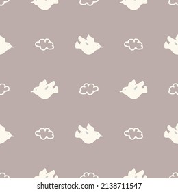 Calm newborn minimal bird seamless pattern. Gender neutral baby nursery decor background. Scandi style sketch wallpaper background tile or toddler inclusive apparel fashion.