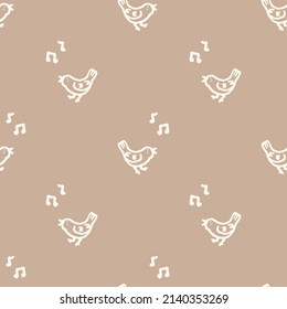 Calm newborn minimal bird seamless pattern. Gender neutral baby nursery decor background. Scandi style sketch wallpaper background tile or toddler inclusive apparel fashion.