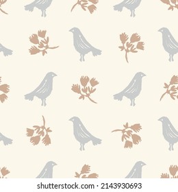 Calm newborn minimal bird seamless pattern. Gender neutral baby nursery decor background. Scandi style sketch wallpaper background tile or toddler inclusive apparel fashion.