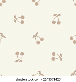 Calm newborn minimal cherry seamless pattern. Gender neutral baby nursery decor background. Scandi style sketch wallpaper background tile or toddler inclusive apparel fashion.