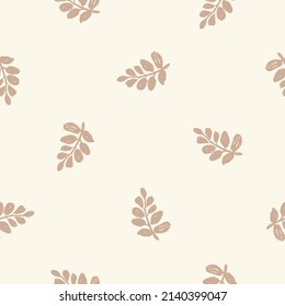 Calm newborn minimal leaf foliage seamless pattern. Gender neutral baby nursery decor background. Scandi style sketch wallpaper background tile or toddler inclusive apparel fashion.