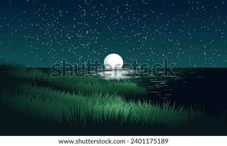 Calm night at beach with full moon rising in the ocean