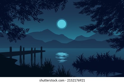 Calm night at lake with jetty and trees in silhouette