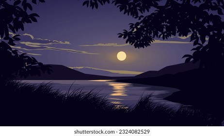 Calm night in a river with moonlight and silhouette of tree branches and grass