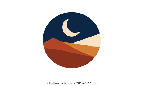 Calm night scene featuring a crescent moon over stylized desert dunes with warm earthy tones.