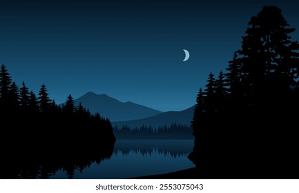 Calm night view at river with mountains and moon