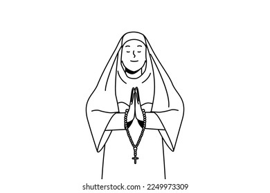 Monja tranquila con ropa tradicional rezando. La hermana de la iglesia con rosario habla con Dios. Religión y concepto de fe. Ilustración vectorial. 