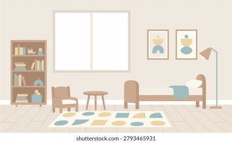 Calm nursery interior design with muted tones and geometric rug. Ideal for parenting or home decor concepts.