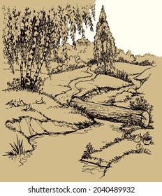 Calm old brook rivulet reed bank wooden dirt track way scene outline black ink hand drawn picture art retro vintag line style. Quiet grass bush shrub plant travel scenic view white text space backdrop
