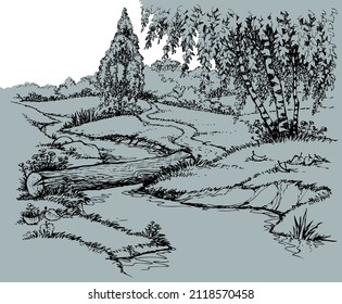 Calm old brook rivulet reed bank wooden dirt track way scene outline black ink hand drawn picture art retro vintag line style. Quiet grass bush shrub plant travel scenic view white text space backdrop