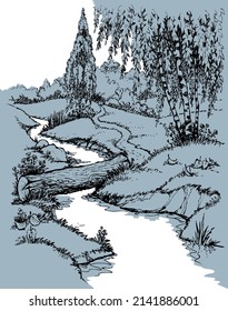 Calm old brook rivulet reed bank wooden dirt track way scene outline black ink hand drawn picture art retro vintag line style. Quiet grass bush shrub plant travel scenic view white text space backdrop