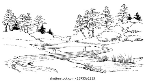 Calm old hill brook creek reed bank dirt way scene outline black ink hand drawn art retro vintag line style. Quiet snow winter grass shrub channel beach oak log travel scenic view white sky text space