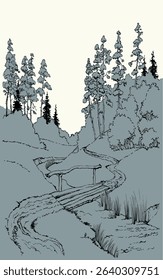 Calm old hill brook creek reed bank dirt way scene outline black ink hand drawn art retro vintag line style. Quiet snow winter grass shrub channel beach oak log travel scenic view white sky text space