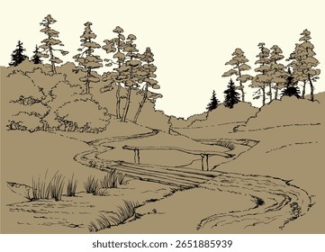 Calm old hill brook creek reed bank dirt way scene outline black ink hand drawn art retro vintag line style. Quiet snow winter grass shrub channel beach oak log travel scenic view white sky text space