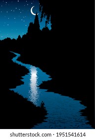 Calm old rural village brook rivulet surface riverside bank path cartoon picture art style. Quiet hill grass field meadow bush plant leaf foliage view light blue starry glow heaven text space backdrop