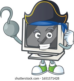 Calm one hand Pirate vintage monitor mascot design wearing hat