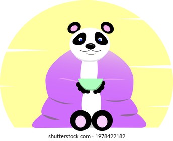 A calm panda bear with a cup in it's paws with a blanket cowered it's shoulders vector cartoon illustrate