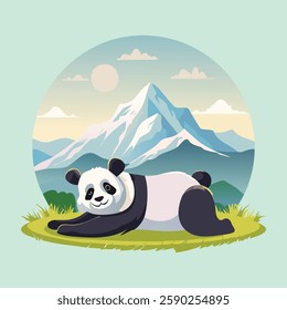 A calm panda doing the pigeon pose, stretching with a serene expression, misty mountain scenery in the background, elegant and peaceful vector design