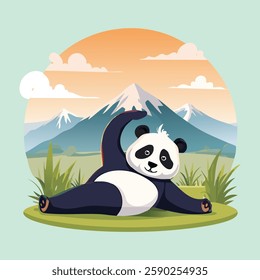 A calm panda doing the pigeon pose, stretching with a serene expression, misty mountain scenery in the background, elegant and peaceful vector design