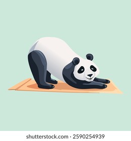 A calm panda doing the pigeon pose, stretching with a serene expression, misty mountain scenery in the background, elegant and peaceful vector design