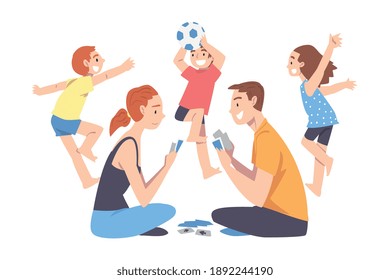 Calm Parents and Mischievous Children, Father and Mother Playing Board Game among Running Naughty Kids Cartoon Style Vector Illustration