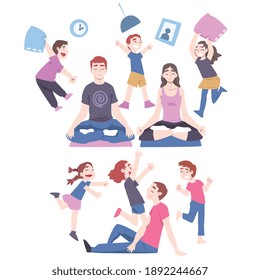 Calm Parents and Mischievous Children Running around Them Set, Father and Mother Meditating among Running Naughty Kids Cartoon Style Vector Illustration
