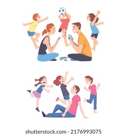 Calm Parents and Mischievous Children Running Around Them Vector Set