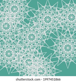 Calm Pastel Chaotic Messy Green Azure Light Ornamental Wallpaper. Vintage Complicated Luxury Folk Turquoise Ice Lace Print Design Pic. Mystery Stars Mandala Grey Dark Textile Silver White Ornament.