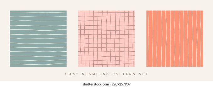 Calm pastel trendy pattern set in minimalistic style. Trendy palette striped patterns for warm and cosy home decor or packaging design. Pack of three seamless vector patterns.