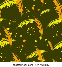 Calm pattern of delicate leaves and petals of garden plants in mustard colors. For paper, cloth or organic products.