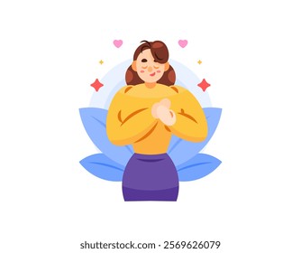 calm and peaceful concept. illustration of a woman feeling calm, serene, and peaceful. calm heart and mind. woman happy and feeling free. freedom. expression and gesture. flat style character design