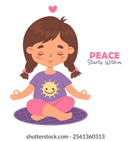 Calm peaceful girl with braids hairstyle meditating. Cute child female character sitting in asana with folded fingers. Vector illustration in flat style