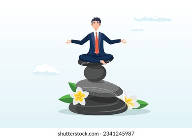 Calm peaceful man meditate sitting on stack of zen rock pyramid, mindfulness meditation to balance work and life, mental health healing with relaxing yoga, enjoy freedom, peace and solitude (Vector)