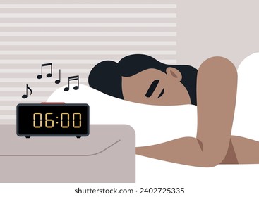 Calm peaceful morning scene, a character waking up to an alarm clock signal