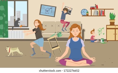 Calm peaceful mother meditating in lotus pose while mischievous naughty children and pet making chaos in room. Vector illustration for stress relief, isolation, parenthood concept