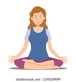 Calm peaceful mother meditating in lotus pose while mischievous naughty children and pet making chaos in room. Vector illustration for stress relief