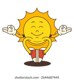 Calmo e tranquilo vintage sol mascote meditando com olhos fechados e um sorriso suave. Adequado para bem-estar, atenção plena, temas de verão e projetos de estilo de vida positivos. Ilustração vetorial