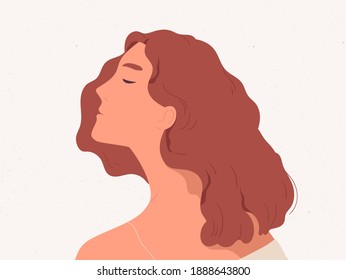 Calm and peaceful woman dreaming or thinking. Profile portrait of reflective young lady in her thoughts. Flat cartoon colorful vector illustration isolated on textured background