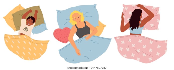 La gente tranquila duerme en la almohada debajo de la vista superior de la manta. Personajes de dibujos animados de mujer joven, niña adolescente y niño pequeño que descansan en la cama disfrutando de dulces sueños Ilustración vectorial