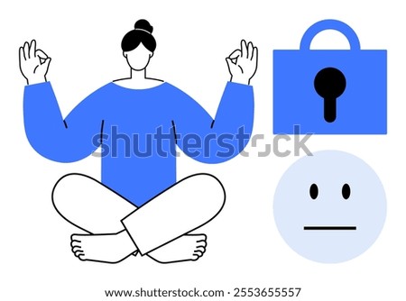 Calm person meditating with hand gestures, security lock symbol, and expressionless face. Ideal for wellness, mindfulness, mental health, security, and emotions. Simple modern style