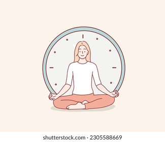 Una persona tranquila que medita cerca de los relojes y encuentra equilibrio. Una mujer joven sentada en el loto posan y practica la respiración profunda o el yoga. Ilustraciones de diseño vectorial de estilo dibujado a mano.