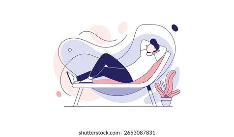 Uma pessoa calma relaxa em uma moderna cadeira lounge desfrutando de um momento tranquilo de tranquilidade e tranquilidade longe dos estresses da vida diária