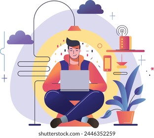 A calm person working fro home on their laptop, with a plant pot and communication technology