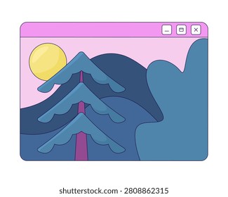 Calm pine tree landscape desktop window 2D cartoon object. Relaxed lofi digital aesthetic. Web browser screen with sunset nature isolated element flat vector clip art on white. Spot illustration
